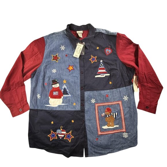 Vintage Fashion Bug Shirt Womens 22/24W Patchwork Embroidered Christmas Winter - Picture 1 of 14
